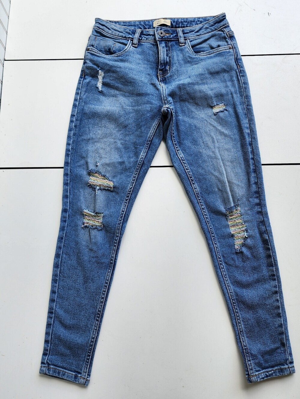 DNMX Jeans Women's Sz 28 Dark Wash 71cm Skinny Disstressed Blue Rainbow Ripped